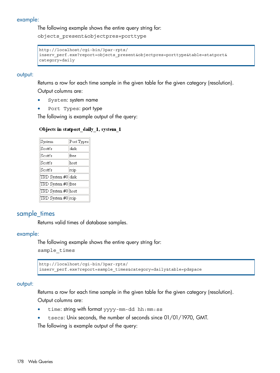 Example, Output, Sample_times | Example: output | HP 3PAR StoreServ 7000 Storage User Manual | Page 178 / 231