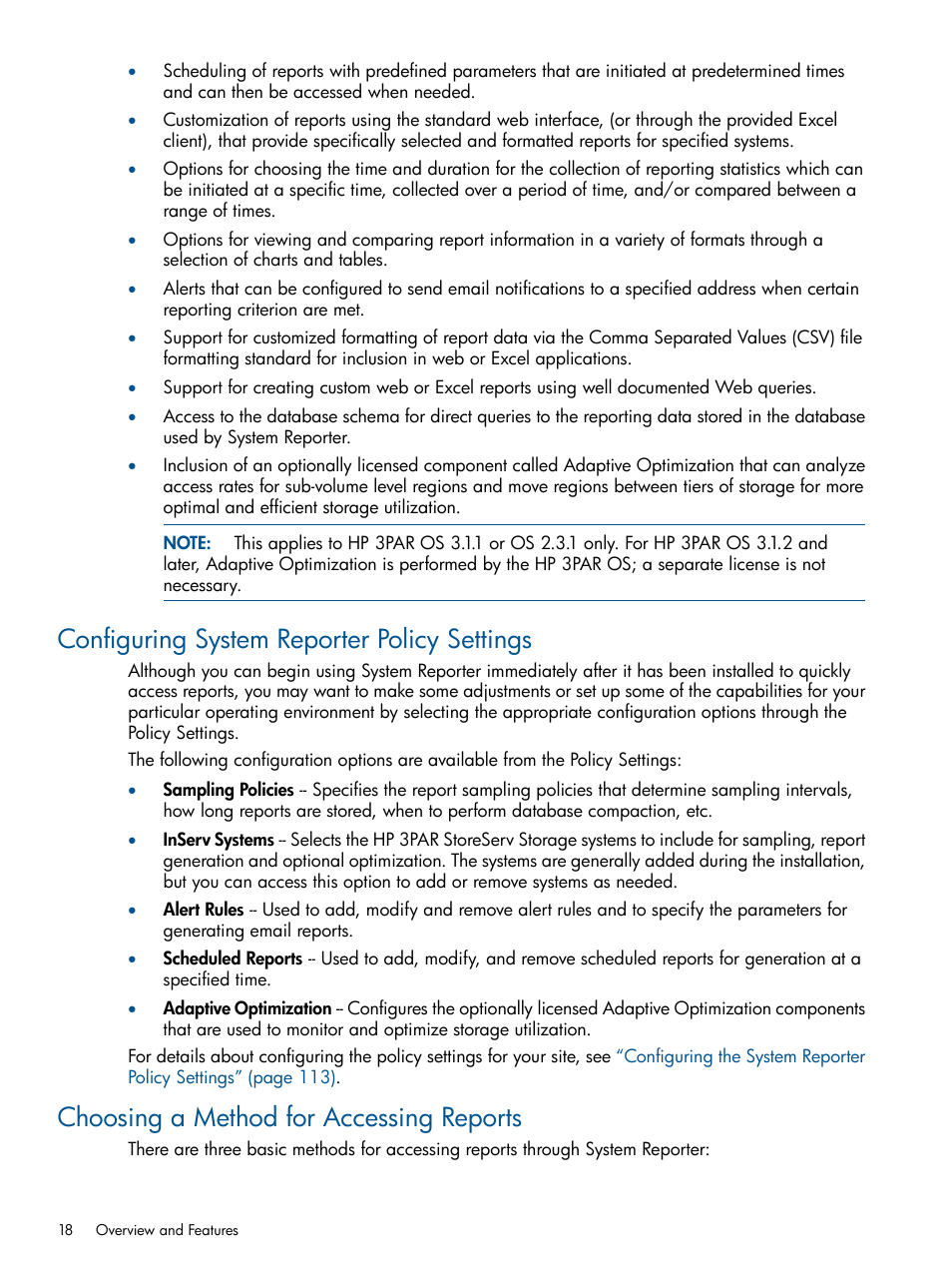 Configuring system reporter policy settings, Choosing a method for accessing reports | HP 3PAR StoreServ 7000 Storage User Manual | Page 18 / 231