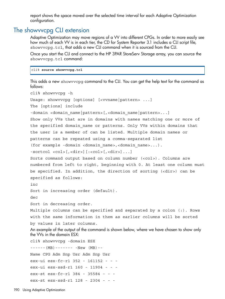 The showvvcpg cli extension | HP 3PAR StoreServ 7000 Storage User Manual | Page 190 / 231