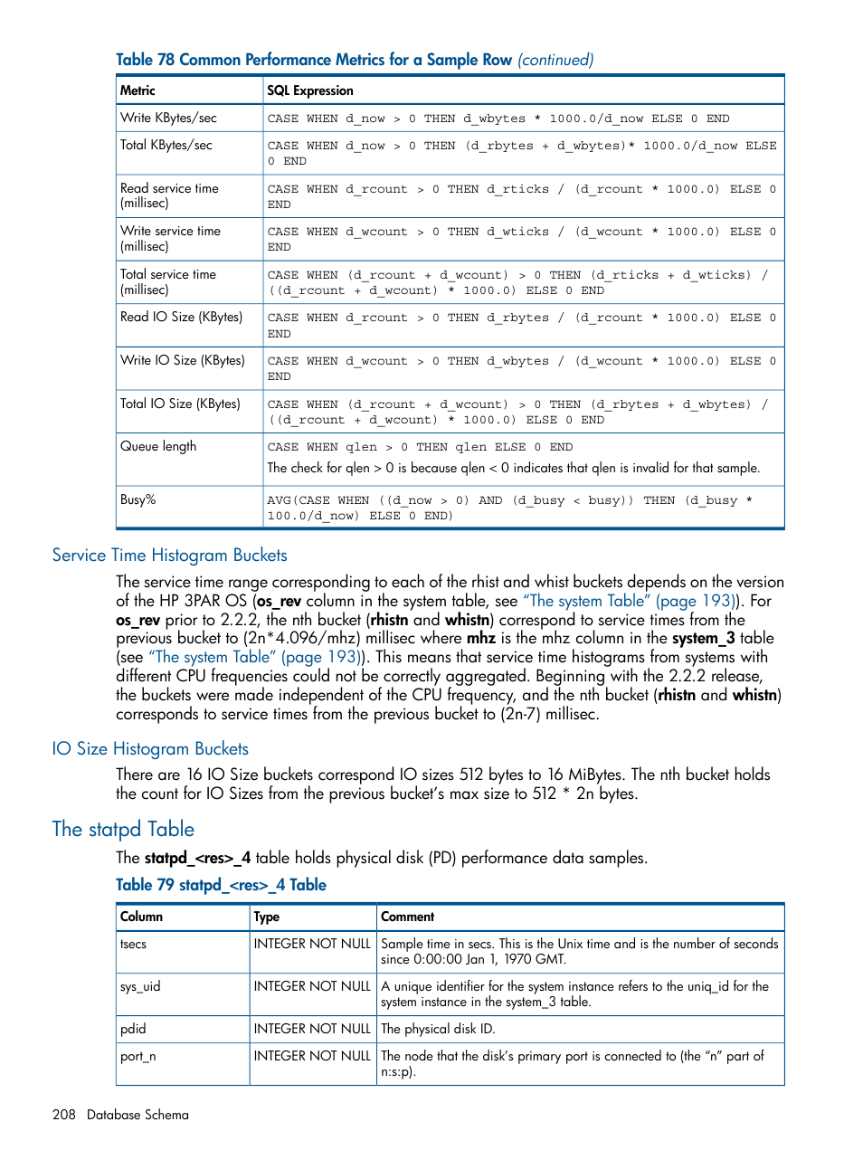 Service time histogram buckets, Io size histogram buckets, The statpd table | HP 3PAR StoreServ 7000 Storage User Manual | Page 208 / 231
