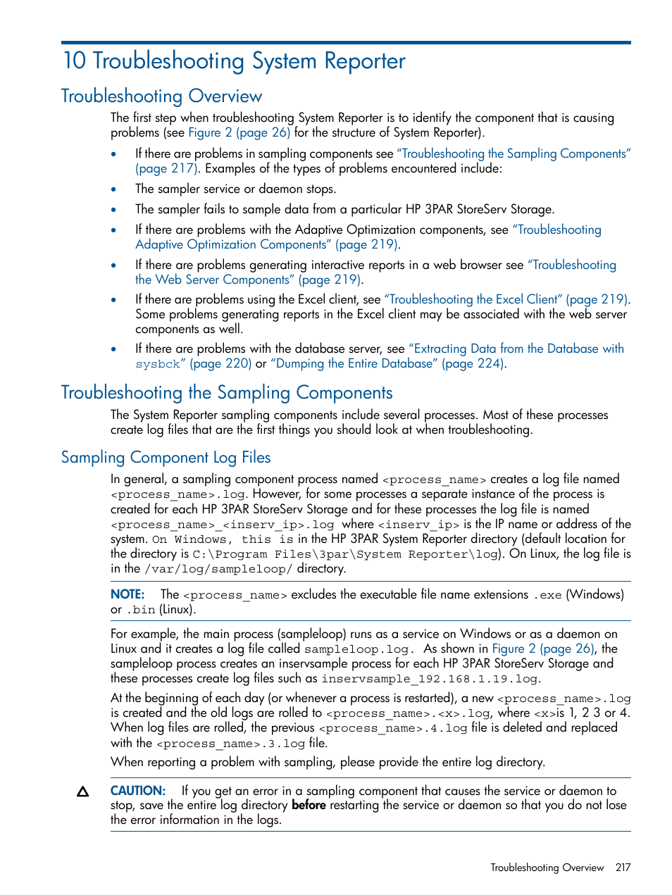 10 troubleshooting system reporter, Troubleshooting overview, Troubleshooting the sampling components | Sampling component log files, Troubleshooting the | HP 3PAR StoreServ 7000 Storage User Manual | Page 217 / 231