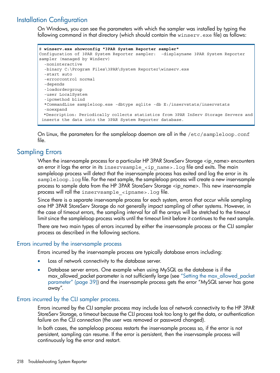 Installation configuration, Sampling errors, Errors incurred by the inservsample process | Errors incurred by the cli sampler process, Installation configuration sampling errors | HP 3PAR StoreServ 7000 Storage User Manual | Page 218 / 231