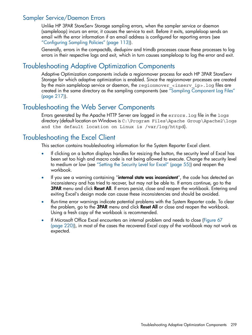 Sampler service/daemon errors, Troubleshooting adaptive optimization components, Troubleshooting the web server components | Troubleshooting the excel client, Troubleshooting | HP 3PAR StoreServ 7000 Storage User Manual | Page 219 / 231