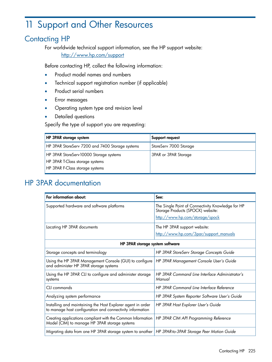 11 support and other resources, Contacting hp, Hp 3par documentation | Contacting hp hp 3par documentation | HP 3PAR StoreServ 7000 Storage User Manual | Page 225 / 231