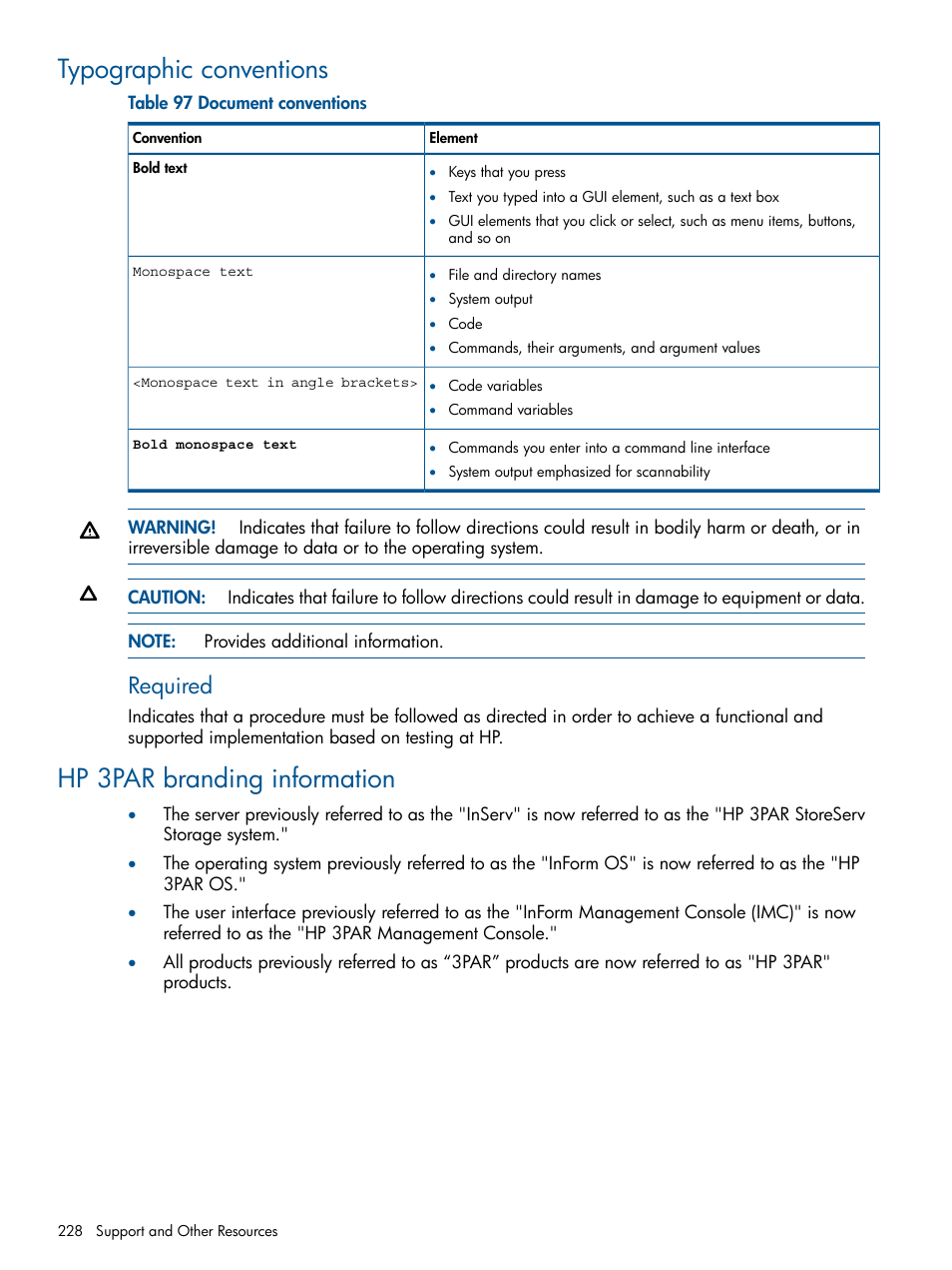 Typographic conventions, Hp 3par branding information, Required | HP 3PAR StoreServ 7000 Storage User Manual | Page 228 / 231