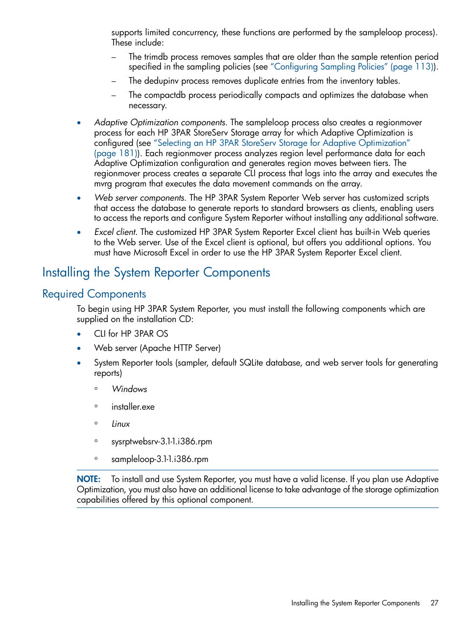 Installing the system reporter components, Required components | HP 3PAR StoreServ 7000 Storage User Manual | Page 27 / 231