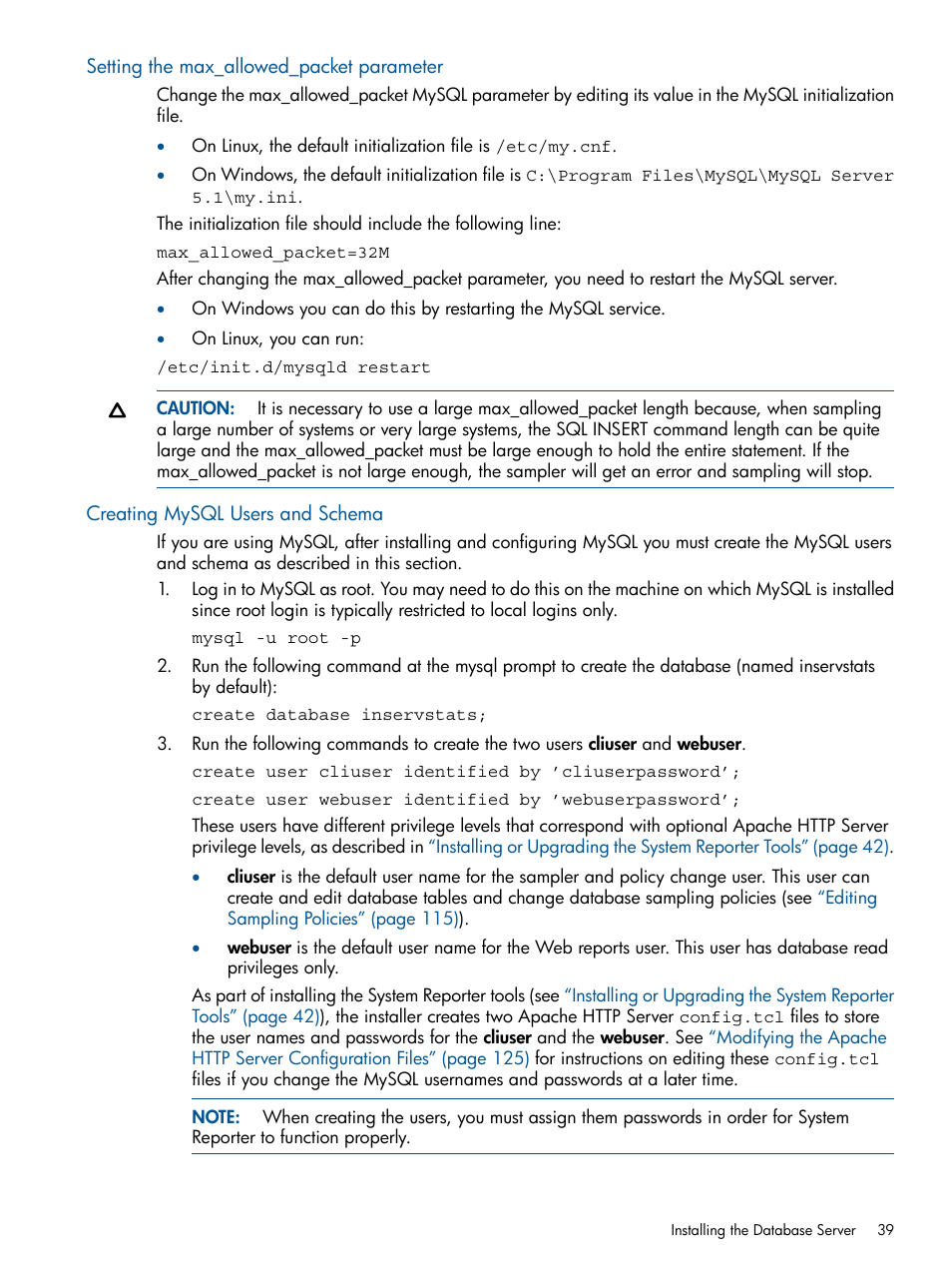 Setting the max_allowed_packet parameter, Creating mysql users and schema | HP 3PAR StoreServ 7000 Storage User Manual | Page 39 / 231