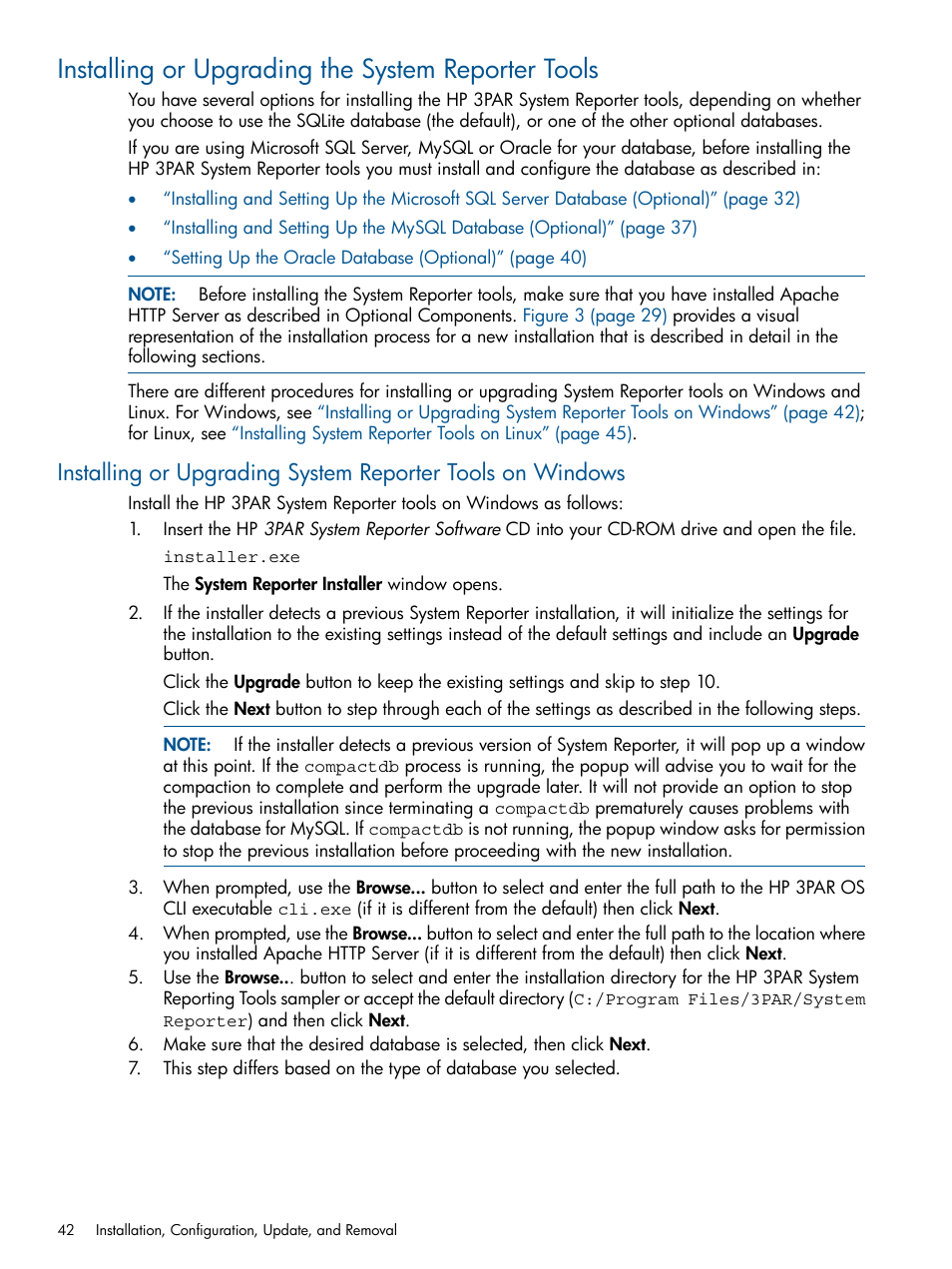 Installing or upgrading the system reporter tools, Installing or, Installing or upgrading system | Installing or upgrading the system reporter | HP 3PAR StoreServ 7000 Storage User Manual | Page 42 / 231