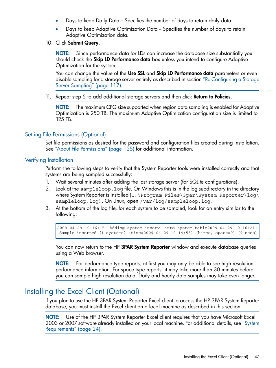 Setting file permissions (optional), Verifying installation, Installing the excel client (optional) | Setting file | HP 3PAR StoreServ 7000 Storage User Manual | Page 47 / 231