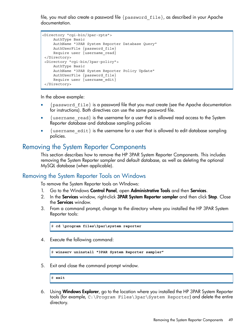 Removing the system reporter components, Removing the system reporter tools on windows | HP 3PAR StoreServ 7000 Storage User Manual | Page 49 / 231
