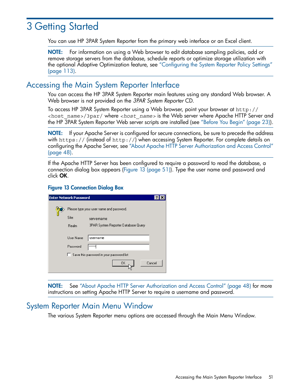 3 getting started, Accessing the main system reporter interface, System reporter main menu window | HP 3PAR StoreServ 7000 Storage User Manual | Page 51 / 231