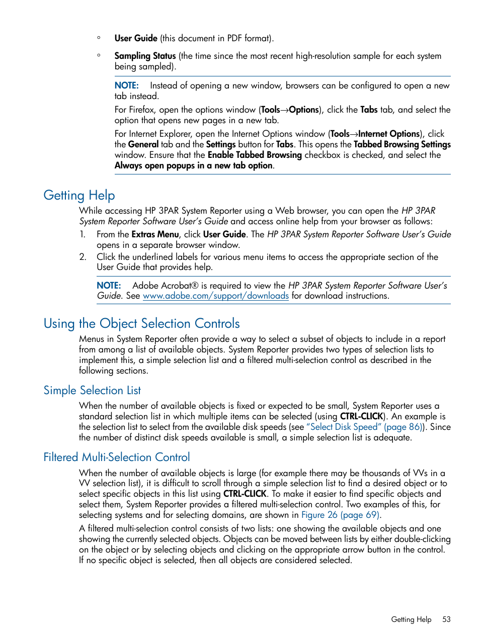 Getting help, Using the object selection controls, Simple selection list | Filtered multi-selection control, Getting help using the object selection controls | HP 3PAR StoreServ 7000 Storage User Manual | Page 53 / 231