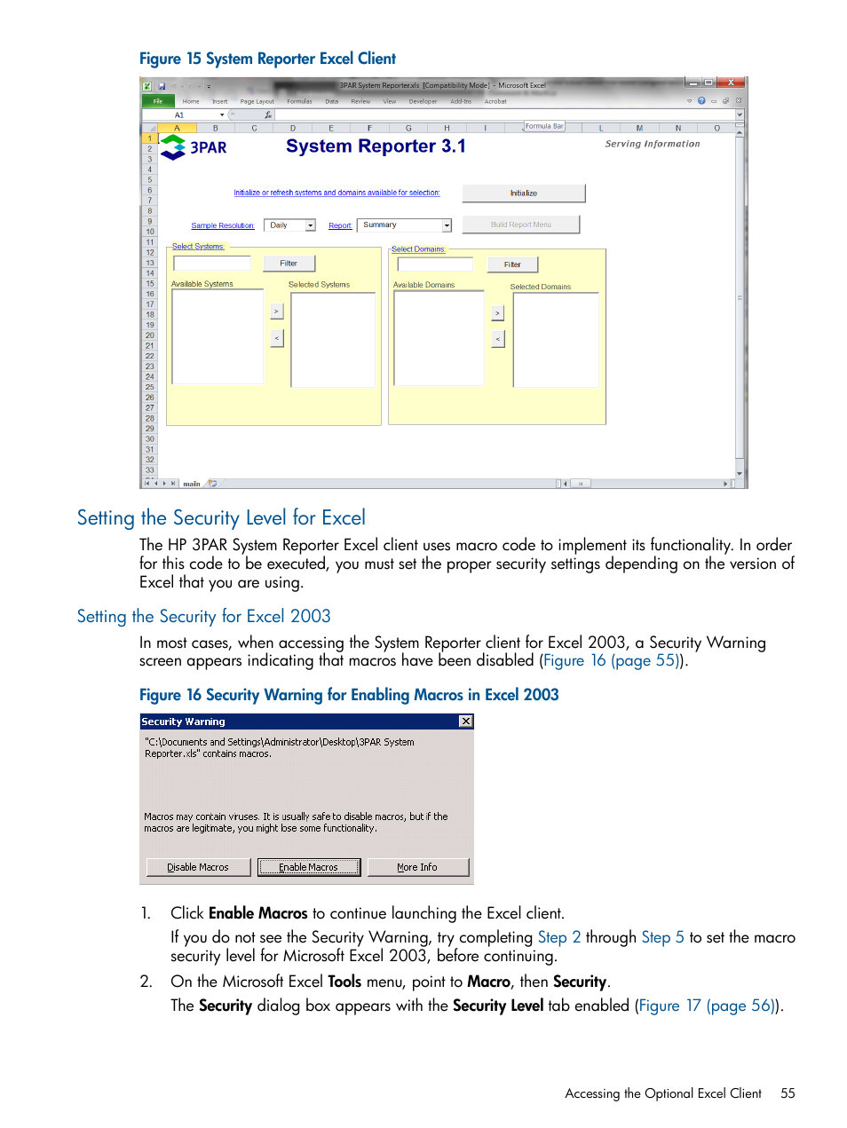 Setting the security level for excel, Setting the security for excel 2003, System reporter excel | HP 3PAR StoreServ 7000 Storage User Manual | Page 55 / 231