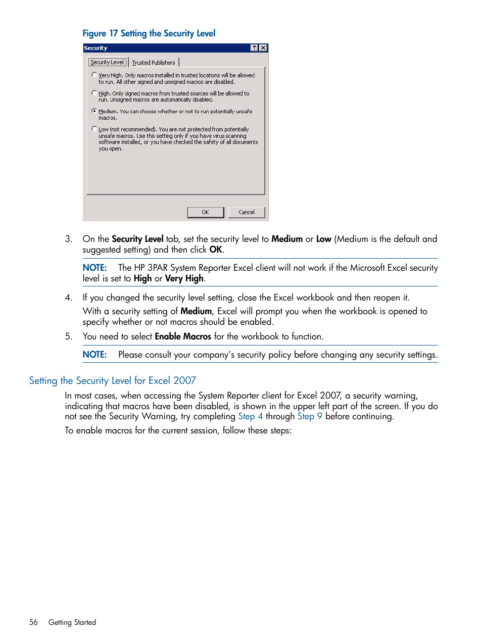 Setting the security level for excel 2007, Step 5 | HP 3PAR StoreServ 7000 Storage User Manual | Page 56 / 231