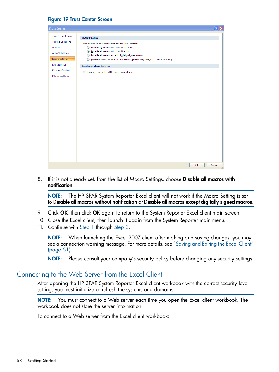 Connecting to the web server from the excel client | HP 3PAR StoreServ 7000 Storage User Manual | Page 58 / 231