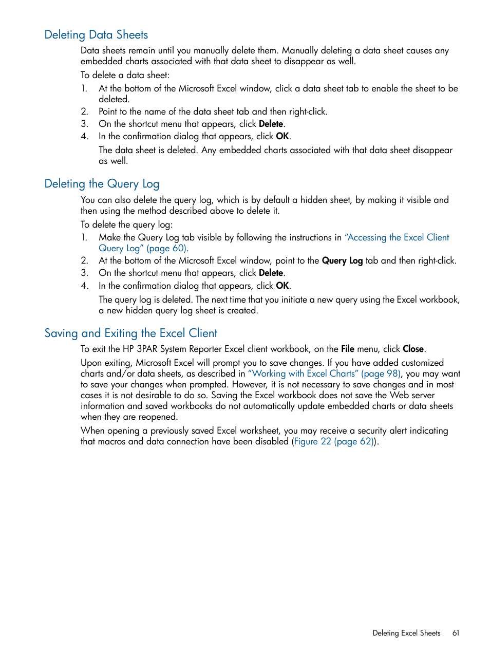 Deleting data sheets, Deleting the query log, Saving and exiting the excel client | HP 3PAR StoreServ 7000 Storage User Manual | Page 61 / 231