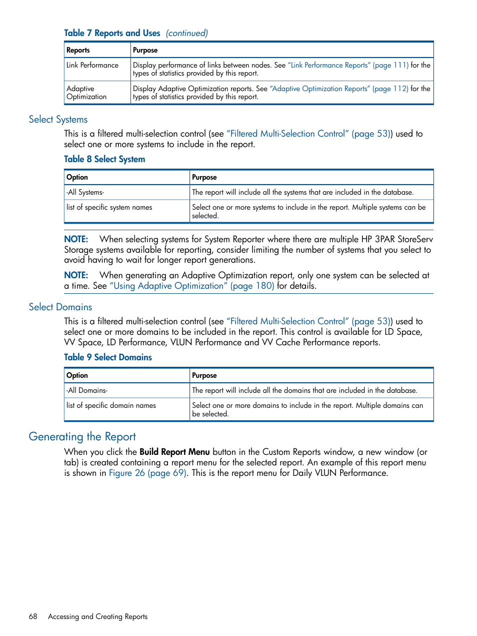 Select systems, Select domains, Generating the report | Select systems select domains | HP 3PAR StoreServ 7000 Storage User Manual | Page 68 / 231