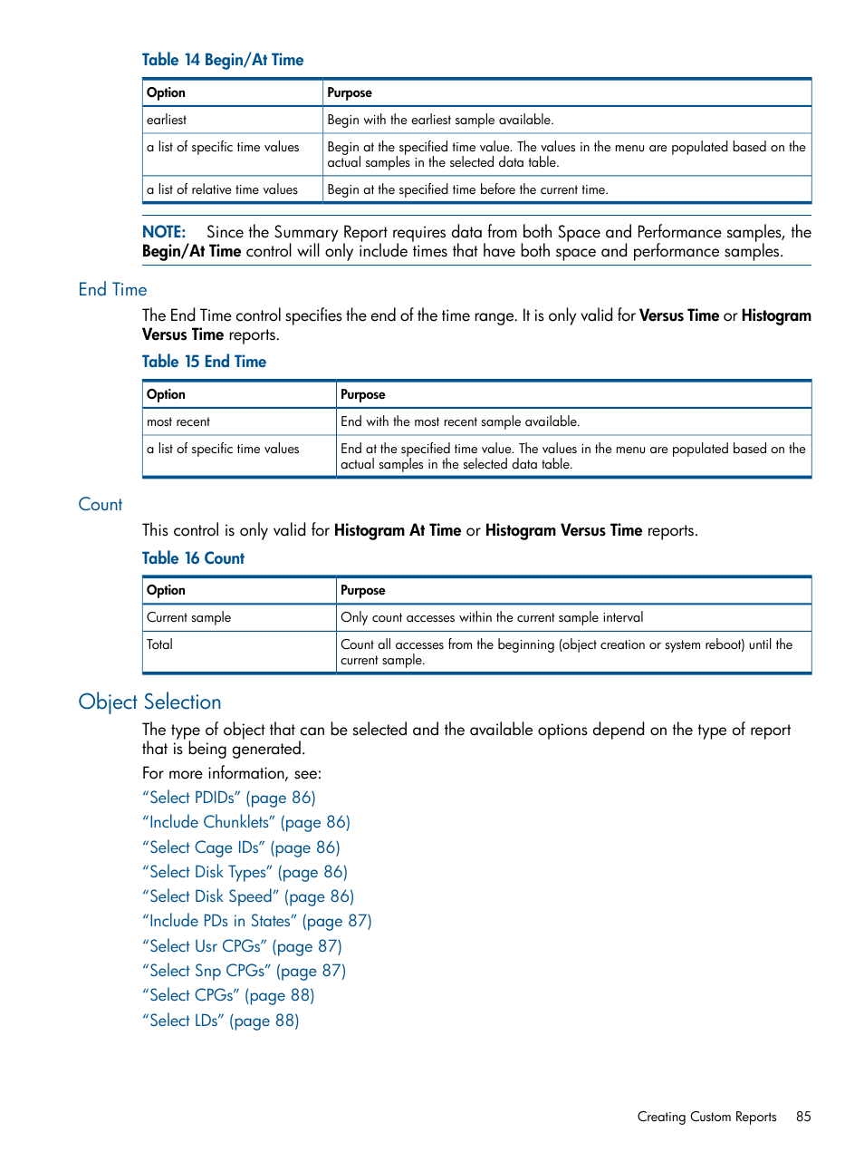 End time, Count, Object selection | End time count, Object | HP 3PAR StoreServ 7000 Storage User Manual | Page 85 / 231