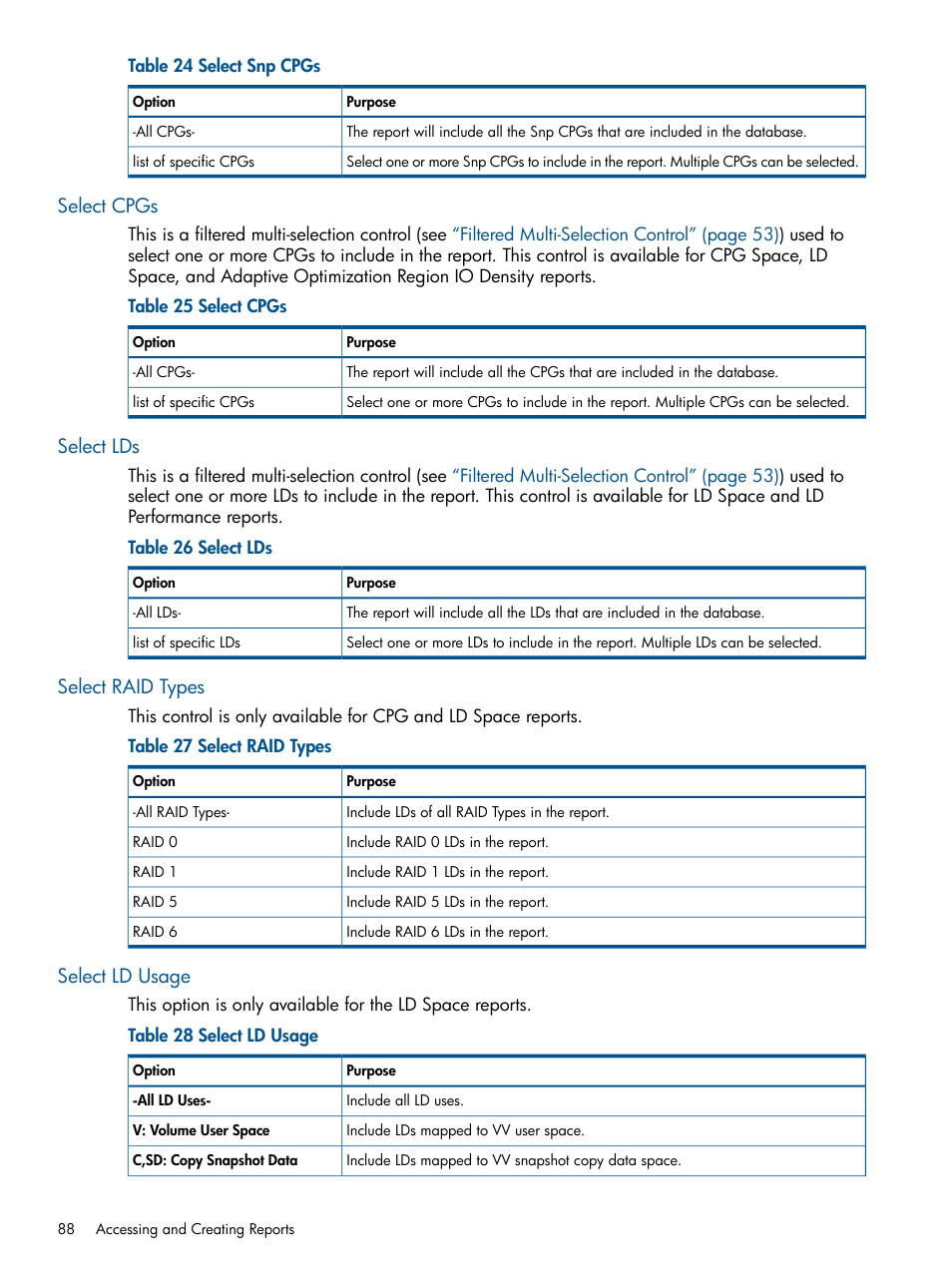 Select cpgs, Select lds, Select raid types | Select ld usage | HP 3PAR StoreServ 7000 Storage User Manual | Page 88 / 231