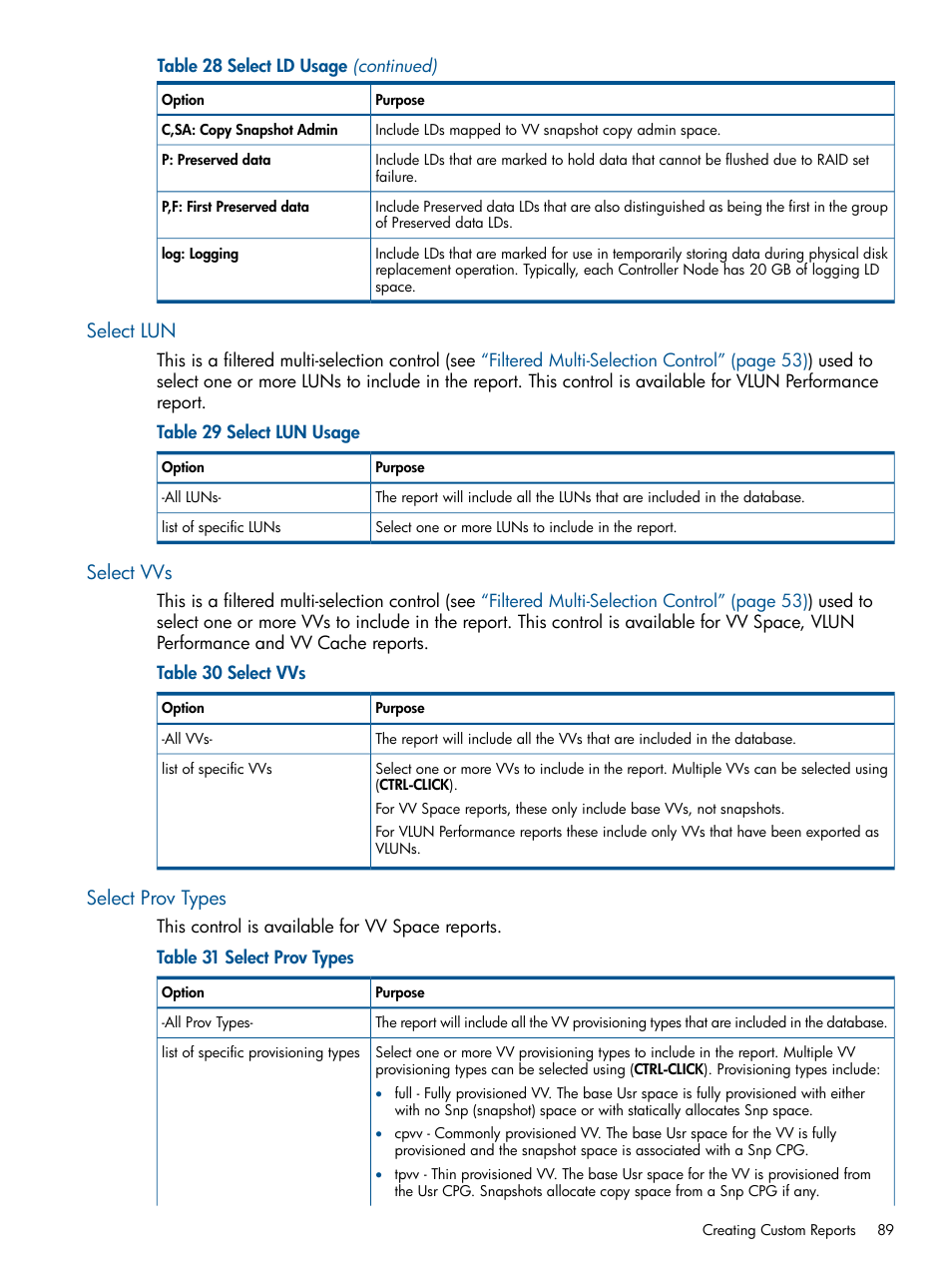 Select lun, Select vvs, Select prov types | Select lun select vvs select prov types | HP 3PAR StoreServ 7000 Storage User Manual | Page 89 / 231