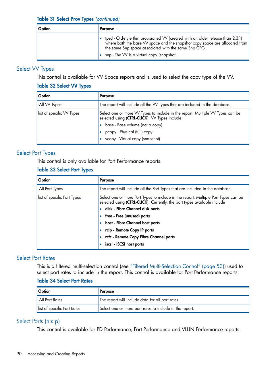 Select vv types, Select port types, Select port rates | Select ports (n:s:p) | HP 3PAR StoreServ 7000 Storage User Manual | Page 90 / 231