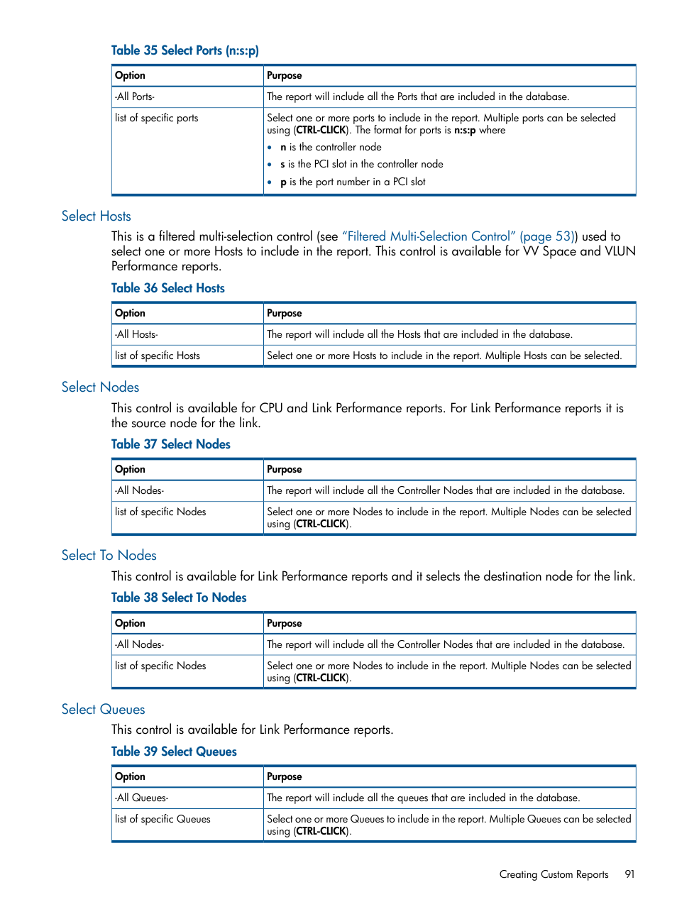 Select hosts, Select nodes, Select to nodes | Select queues | HP 3PAR StoreServ 7000 Storage User Manual | Page 91 / 231