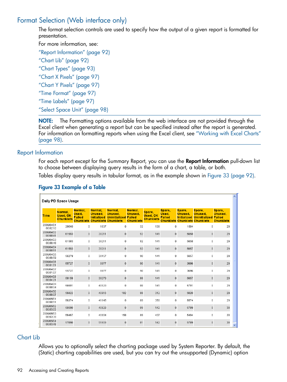 Format selection (web interface only), Report information, Chart lib | Report information chart lib, Format selection | HP 3PAR StoreServ 7000 Storage User Manual | Page 92 / 231