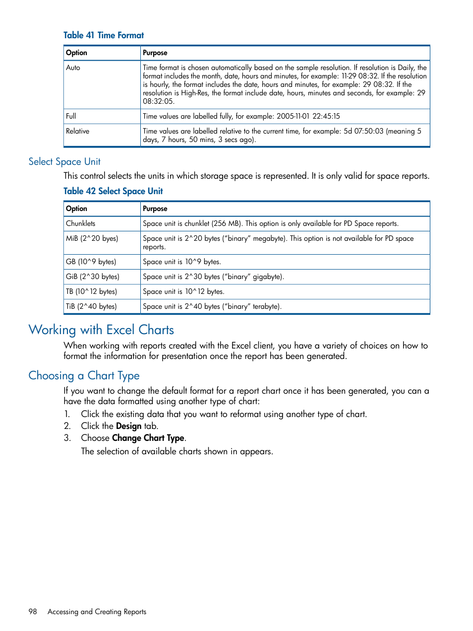 Select space unit, Working with excel charts, Choosing a chart type | HP 3PAR StoreServ 7000 Storage User Manual | Page 98 / 231