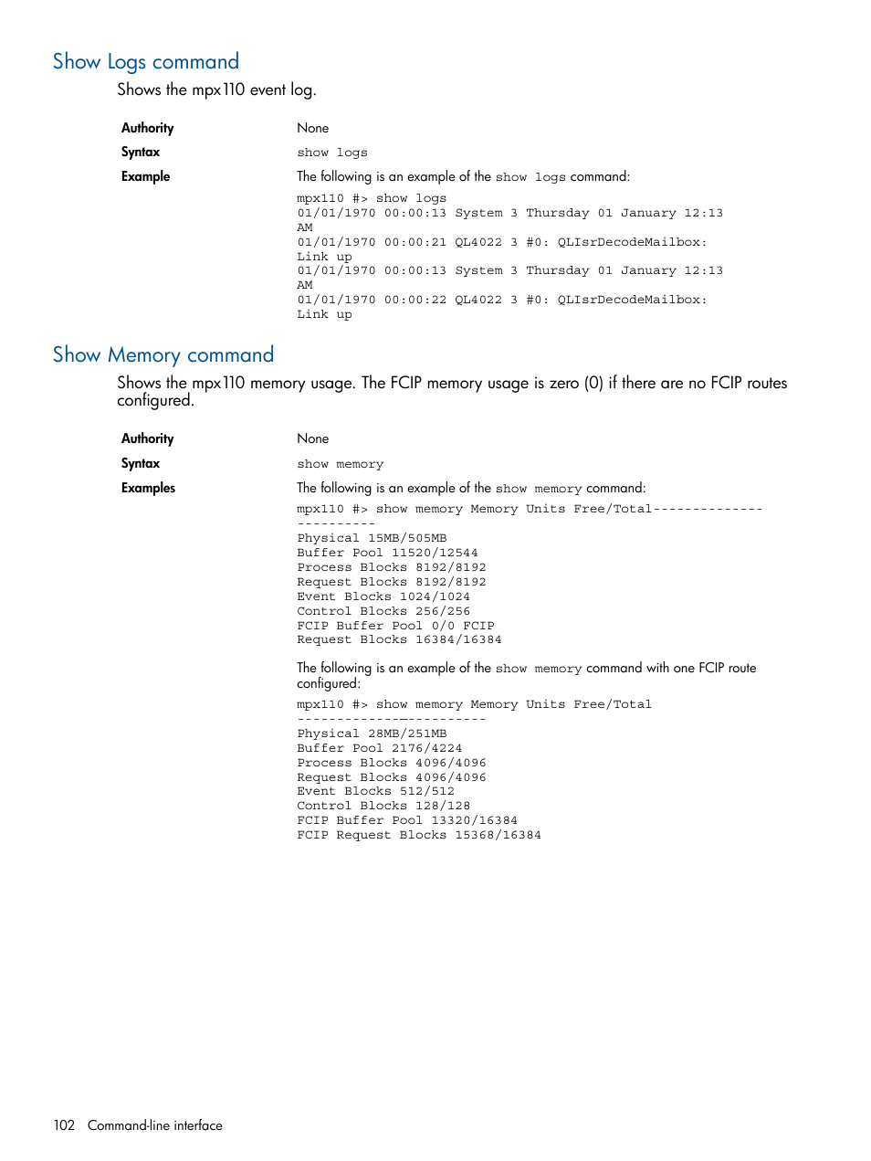 Show logs command, Show memory command, Show logs command show memory command | HP IP Distance Gateway User Manual | Page 102 / 153