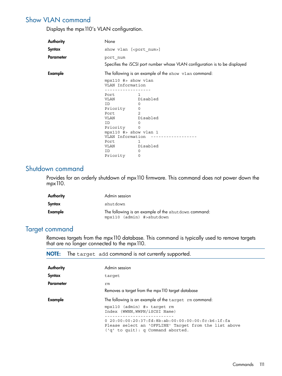 Show vlan command, Shutdown command, Target command | Show vlan command shutdown command target command | HP IP Distance Gateway User Manual | Page 111 / 153