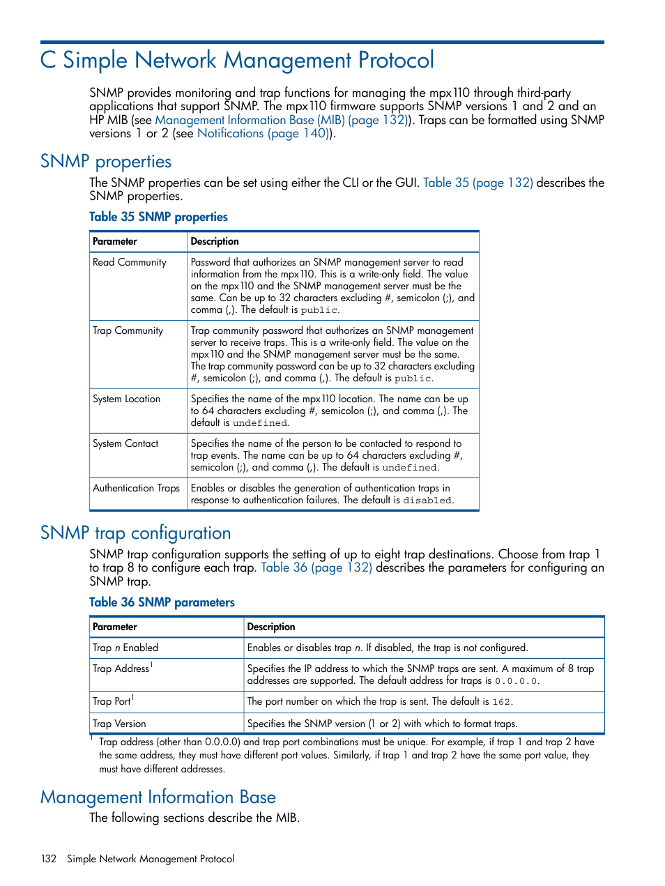 C simple network management protocol, Snmp properties, Snmp trap configuration | Management information base, Simple network management | HP IP Distance Gateway User Manual | Page 132 / 153