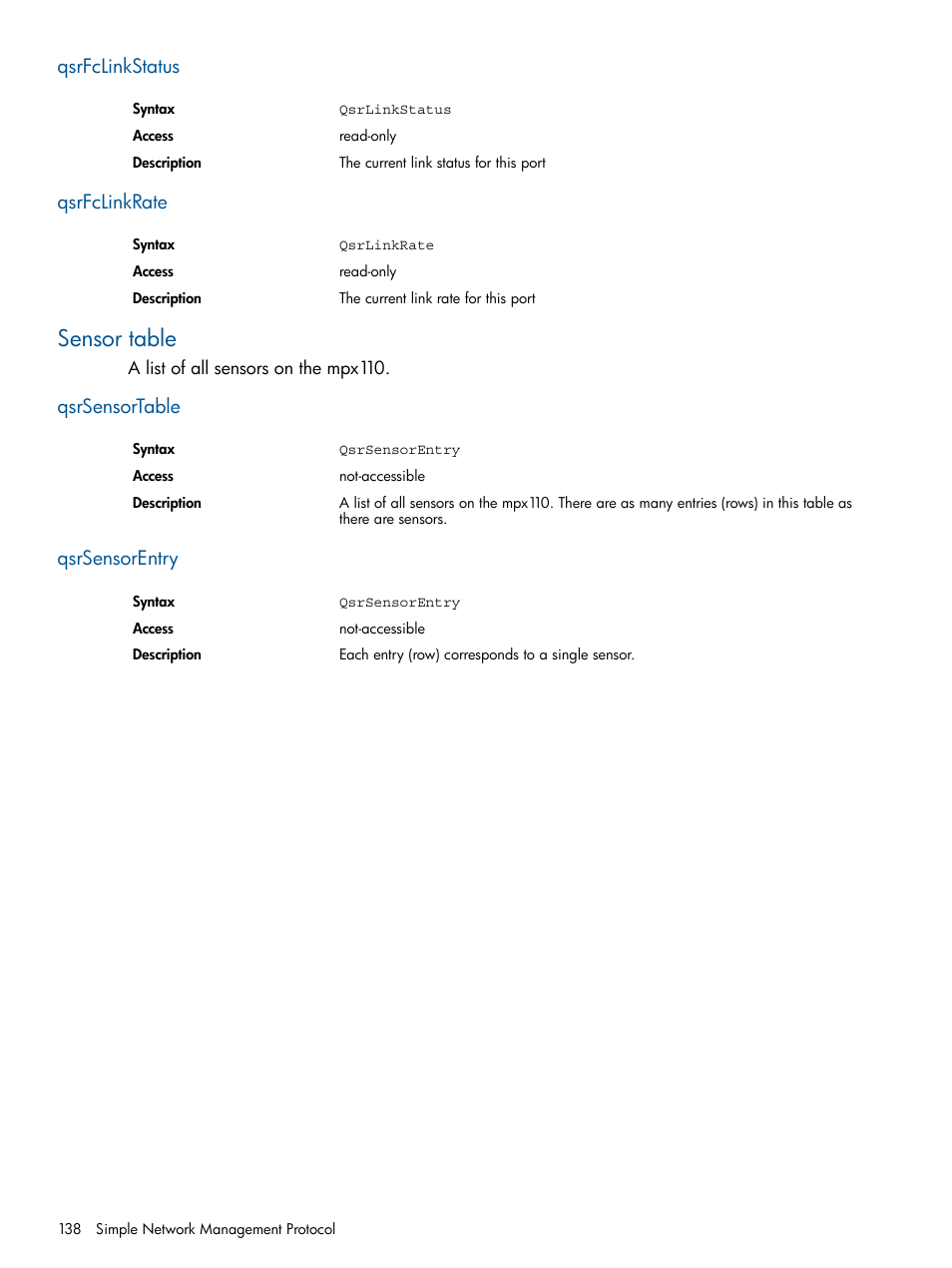 Qsrfclinkstatus, Qsrfclinkrate, Sensor table | Qsrsensortable, Qsrsensorentry, Qsrfclinkstatus qsrfclinkrate, Qsrsensortable qsrsensorentry | HP IP Distance Gateway User Manual | Page 138 / 153