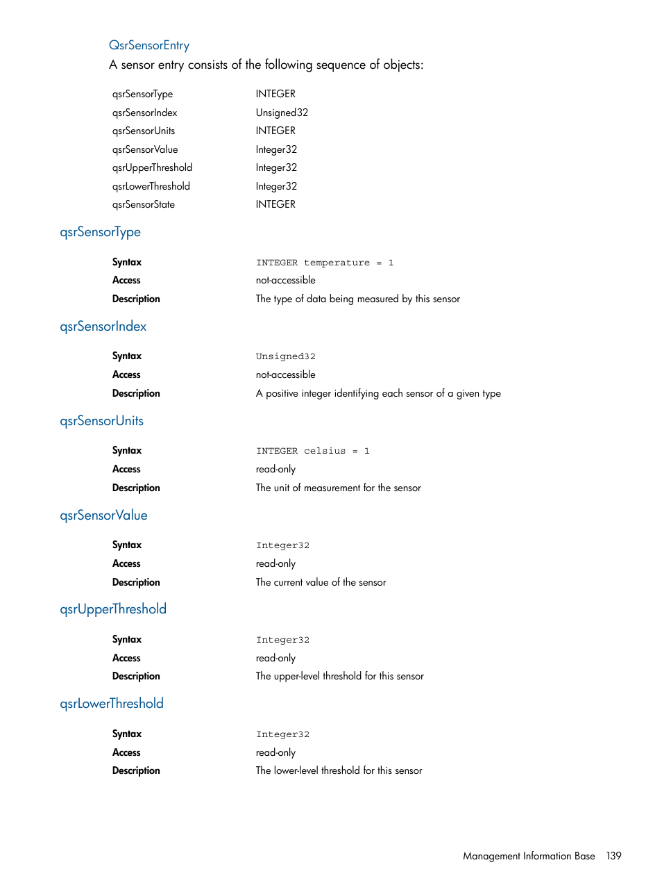 Qsrsensorentry, Qsrsensortype, Qsrsensorindex | Qsrsensorunits, Qsrsensorvalue, Qsrupperthreshold, Qsrlowerthreshold | HP IP Distance Gateway User Manual | Page 139 / 153