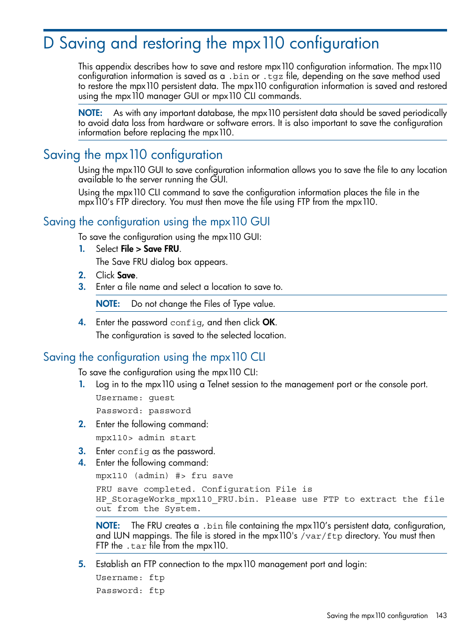 D saving and restoring the mpx110 configuration, Saving the mpx110 configuration, Saving the configuration using the mpx110 gui | Saving the configuration using the mpx110 cli | HP IP Distance Gateway User Manual | Page 143 / 153