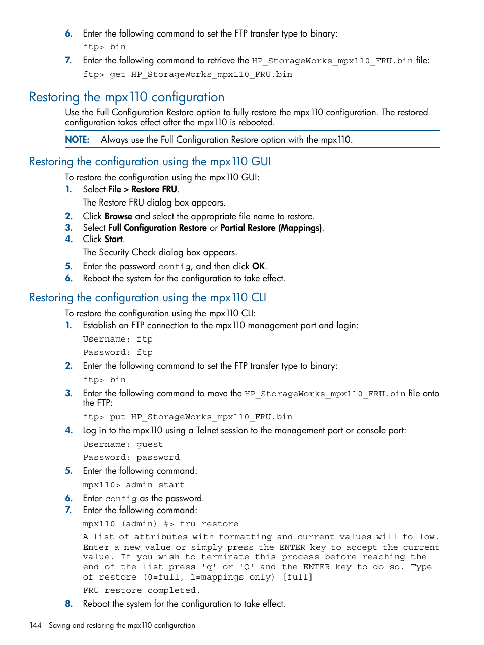 Restoring the mpx110 configuration, Restoring the configuration using the mpx110 gui, Restoring the configuration using the mpx110 cli | HP IP Distance Gateway User Manual | Page 144 / 153