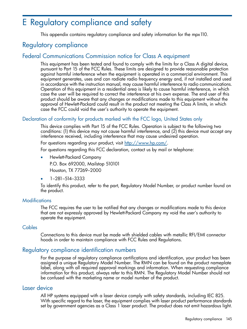 E regulatory compliance and safety, Regulatory compliance, Modifications | Cables, Regulatory compliance identification numbers, Laser device | HP IP Distance Gateway User Manual | Page 145 / 153