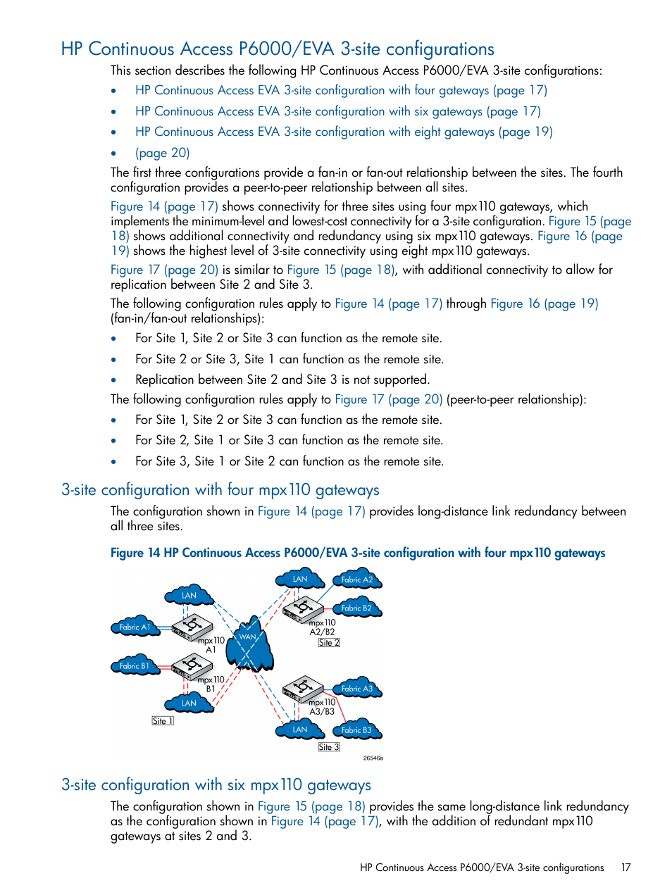 Site configuration with four mpx110 gateways, Site configuration with six mpx110 gateways | HP IP Distance Gateway User Manual | Page 17 / 153