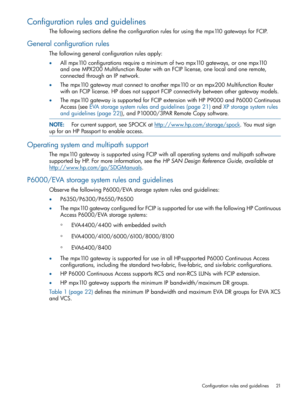 Configuration rules and guidelines, General configuration rules, Operating system and multipath support | P6000/eva storage system rules and guidelines | HP IP Distance Gateway User Manual | Page 21 / 153