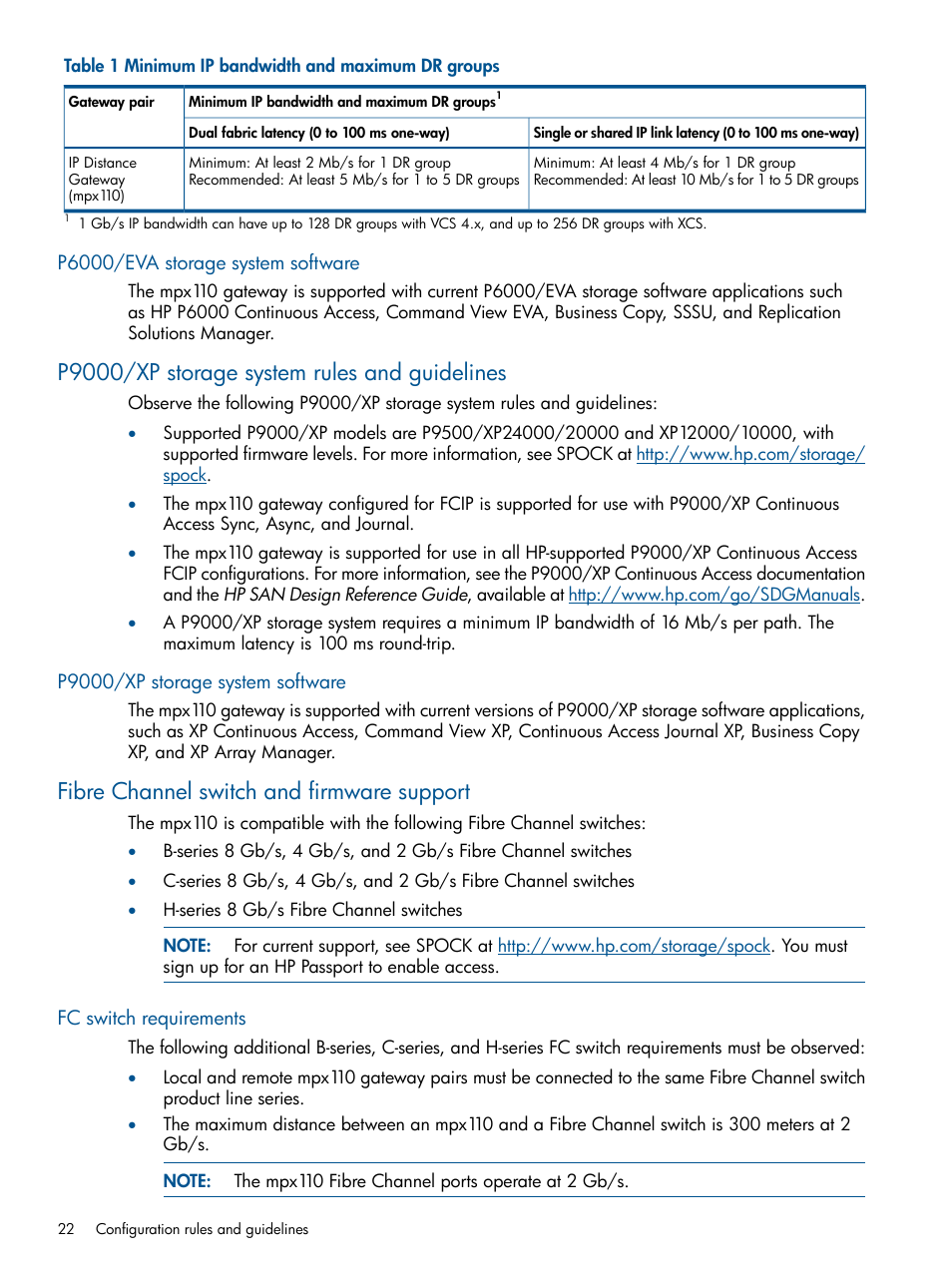 P6000/eva storage system software, P9000/xp storage system rules and guidelines, P9000/xp storage system software | Fibre channel switch and firmware support, Fc switch requirements, Xp storage system rules | HP IP Distance Gateway User Manual | Page 22 / 153