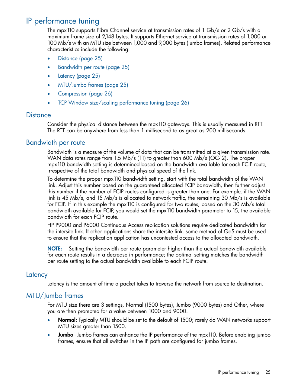 Ip performance tuning, Distance, Bandwidth per route | Latency, Mtu/jumbo frames | HP IP Distance Gateway User Manual | Page 25 / 153