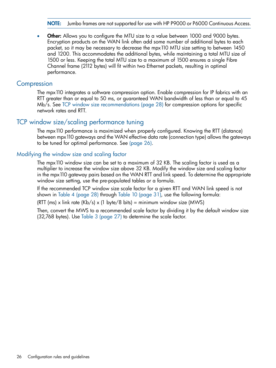 Compression, Tcp window size/scaling performance tuning, Modifying the window size and scaling factor | HP IP Distance Gateway User Manual | Page 26 / 153