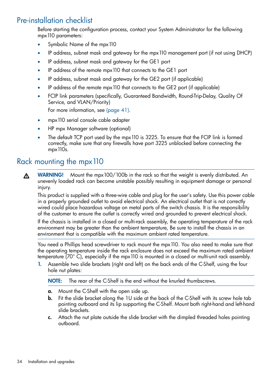 Pre-installation checklist, Rack mounting the mpx110 | HP IP Distance Gateway User Manual | Page 34 / 153