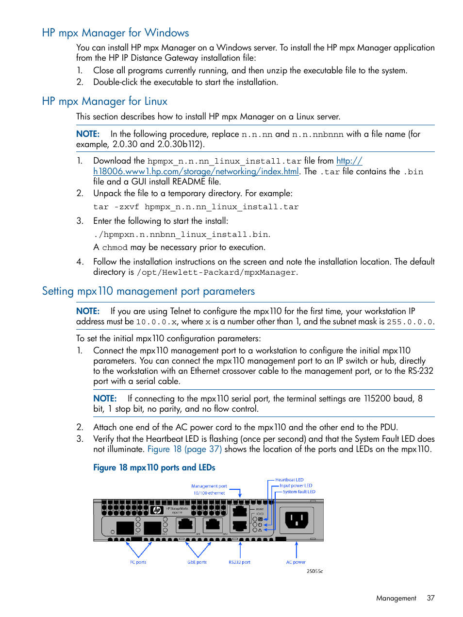 Hp mpx manager for windows, Hp mpx manager for linux, Setting mpx110 management port parameters | HP IP Distance Gateway User Manual | Page 37 / 153