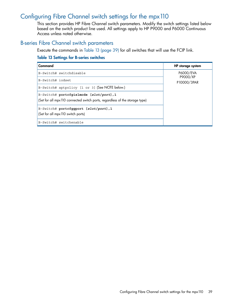 B-series fibre channel switch parameters | HP IP Distance Gateway User Manual | Page 39 / 153