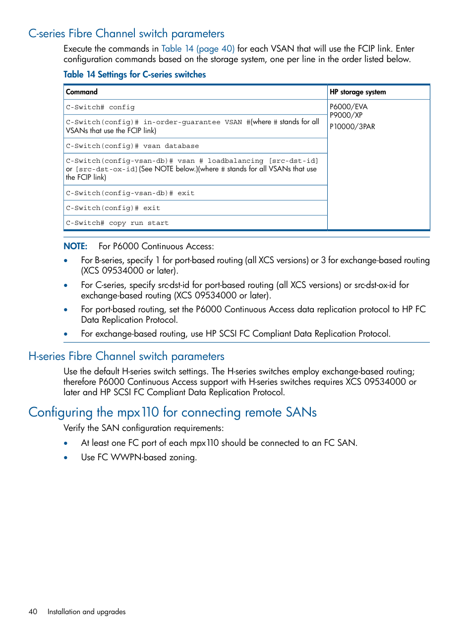 C-series fibre channel switch parameters, H-series fibre channel switch parameters, Configuring the mpx110 for connecting remote sans | HP IP Distance Gateway User Manual | Page 40 / 153