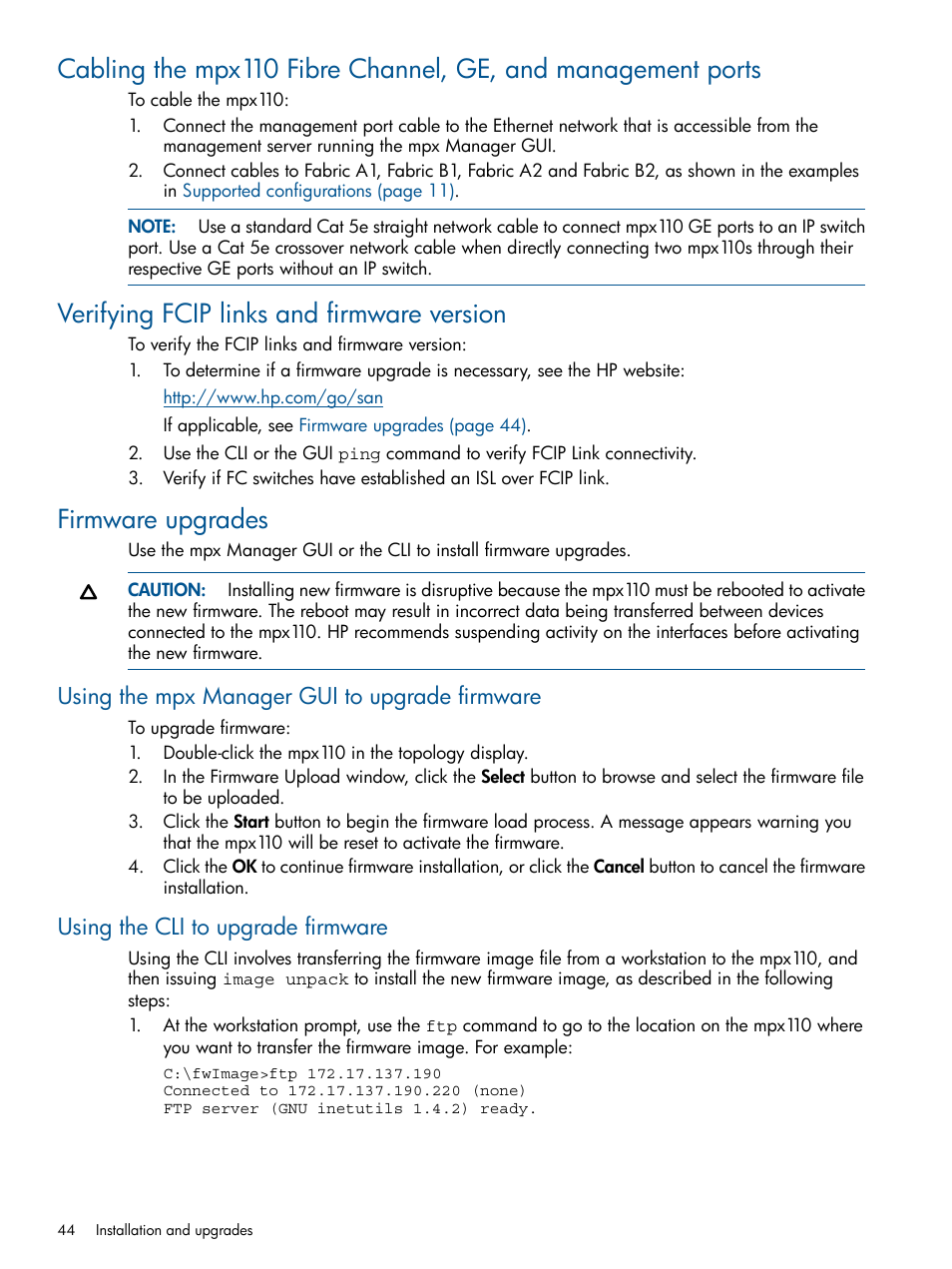 Verifying fcip links and firmware version, Firmware upgrades, Using the mpx manager gui to upgrade firmware | Using the cli to upgrade firmware | HP IP Distance Gateway User Manual | Page 44 / 153