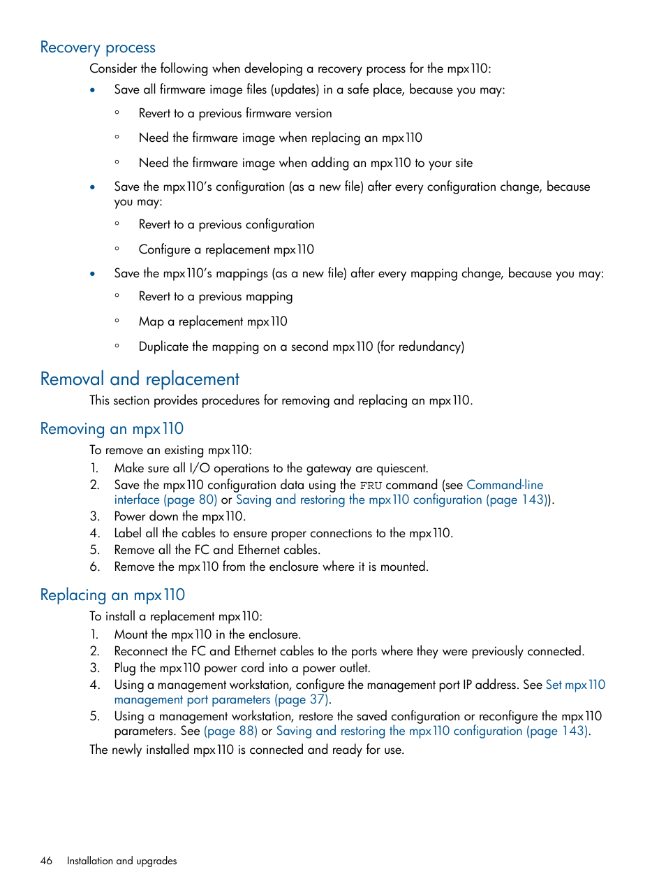 Recovery process, Removal and replacement, Removing an mpx110 | Replacing an mpx110, Removing an mpx110 replacing an mpx110 | HP IP Distance Gateway User Manual | Page 46 / 153