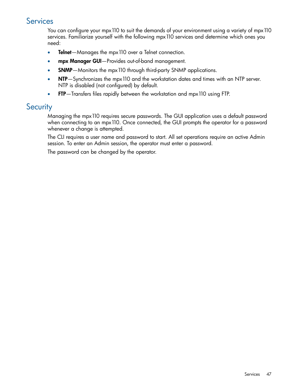 Services, Security, Services security | HP IP Distance Gateway User Manual | Page 47 / 153