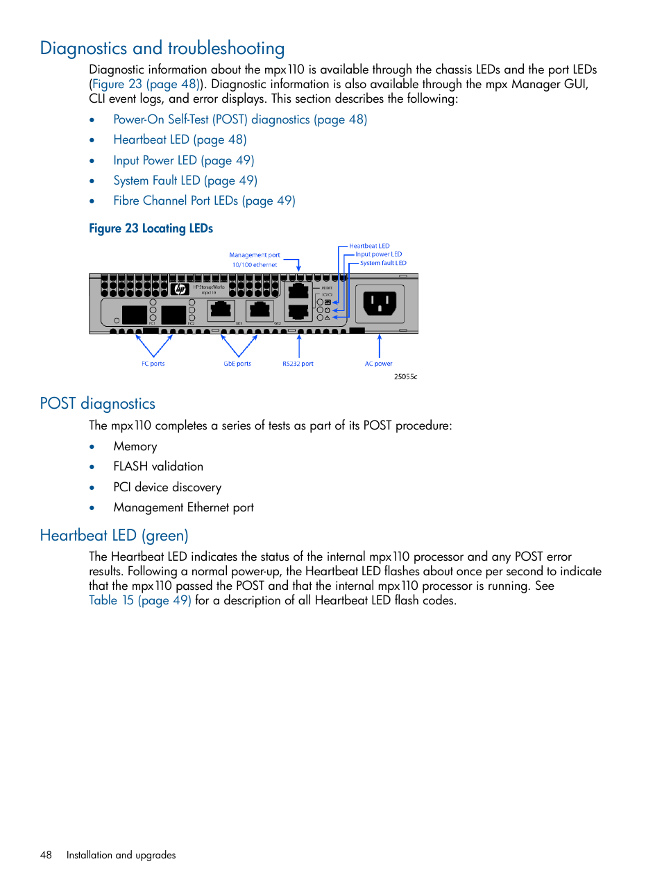 Diagnostics and troubleshooting, Post diagnostics, Heartbeat led (green) | Post diagnostics heartbeat led (green) | HP IP Distance Gateway User Manual | Page 48 / 153