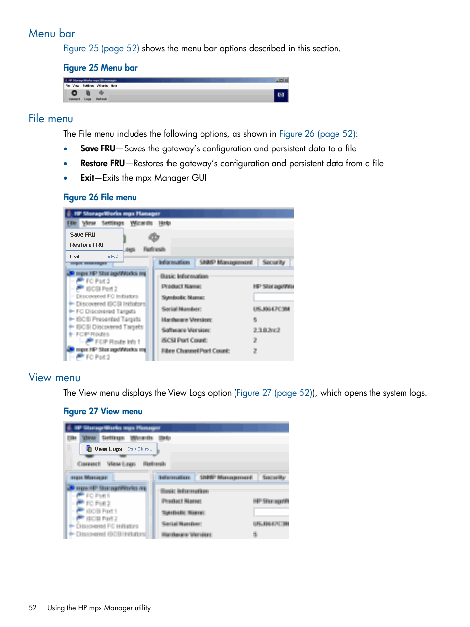 Menu bar, File menu, View menu | Menu bar file menu view menu | HP IP Distance Gateway User Manual | Page 52 / 153